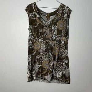 Womens Memento Brown White Print Sleeveless Shirt Top Blouse Large L